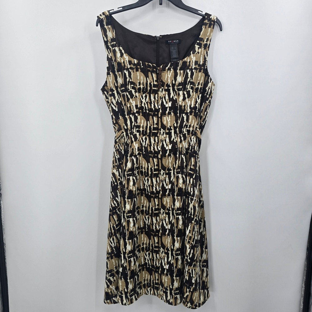 Axcess Liz Claiborne Dress Womens Large Brown Tan Abstract Print Sleeveless Midi